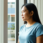 A contemplative Filipino woman in her early thirties, fully clothed in modest, contemporary smart-casual attire, standing by a large, sunlit window in a modern, clean community center. Her natural pose conveys quiet strength and resilience, with a thoughtful, hopeful expression. Perfect anatomy, correct proportions, well-formed hands, proper finger count, natural body proportions. The scene is captured with professional studio photography, featuring warm lighting and sharp focus, portraying human depth and an authentic, family-friendly narrative. Safe for work, appropriate content, fully clothed.