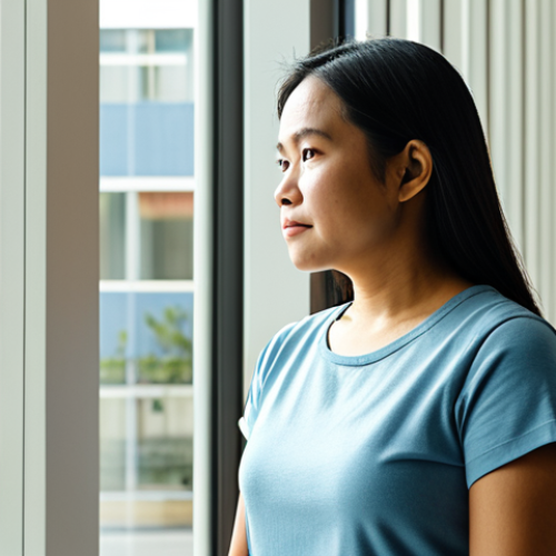 Home 15 A contemplative Filipino woman in her early thirties, fully clothed in modest, contemporary smart-casual attire, standing by a large, sunlit window in a modern, clean community center. Her natural pose conveys quiet strength and resilience, with a thoughtful, hopeful expression. Perfect anatomy, correct proportions, well-formed hands, proper finger count, natural body proportions. The scene is captured with professional studio photography, featuring warm lighting and sharp focus, portraying human depth and an authentic, family-friendly narrative. Safe for work, appropriate content, fully clothed.