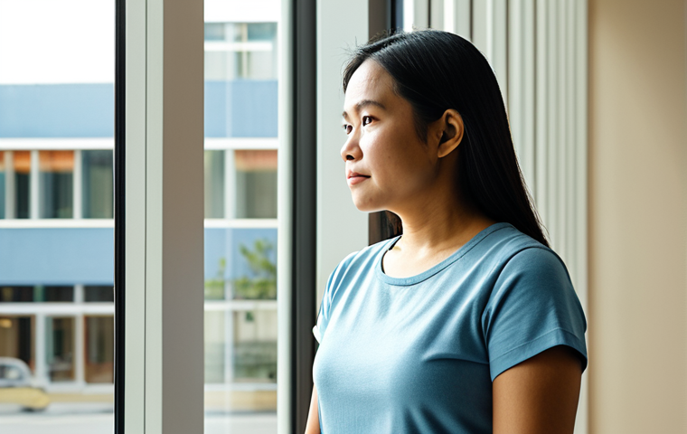 A contemplative Filipino woman in her early thirties, fully clothed in modest, contemporary smart-casual attire, standing by a large, sunlit window in a modern, clean community center. Her natural pose conveys quiet strength and resilience, with a thoughtful, hopeful expression. Perfect anatomy, correct proportions, well-formed hands, proper finger count, natural body proportions. The scene is captured with professional studio photography, featuring warm lighting and sharp focus, portraying human depth and an authentic, family-friendly narrative. Safe for work, appropriate content, fully clothed.