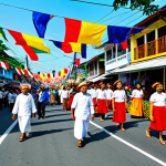 Colorful Festival Scene**

"A vibrant street scene at the Batangas Festival, Philippines, fully clothed people in traditional attire, colorful flags waving, blooming flowers adorning the streets, safe for work, appropriate content, perfect anatomy, natural proportions, professional photography, family-friendly."

**