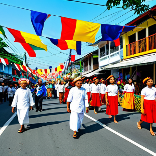 Home 7 Colorful Festival Scene**
"A vibrant street scene at the Batangas Festival, Philippines, fully clothed people in traditional attire, colorful flags waving, blooming flowers adorning the streets, safe for work, appropriate content, perfect anatomy, natural proportions, professional photography, family-friendly."
**