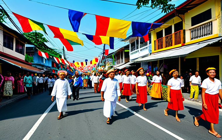 Colorful Festival Scene**

"A vibrant street scene at the Batangas Festival, Philippines, fully clothed people in traditional attire, colorful flags waving, blooming flowers adorning the streets, safe for work, appropriate content, perfect anatomy, natural proportions, professional photography, family-friendly."

**