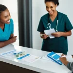 필리핀 의료 서비스와 응급상황 - **Prompt:** A diverse group of travelers, visibly excited, standing in a brightly lit, modern medica...