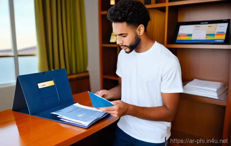 필리핀 여행 시 주의할 점 - **Prompt 1: Secure Travel Documents**
    "A wide-angle, brightly lit indoor shot of a young adult t...