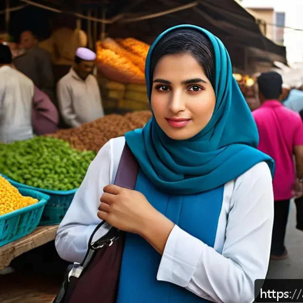 필리핀 소매치기 예방 방법 - A vigilant Middle Eastern woman in a crowded Manila street market, wearing a modest, stylish outfit ...