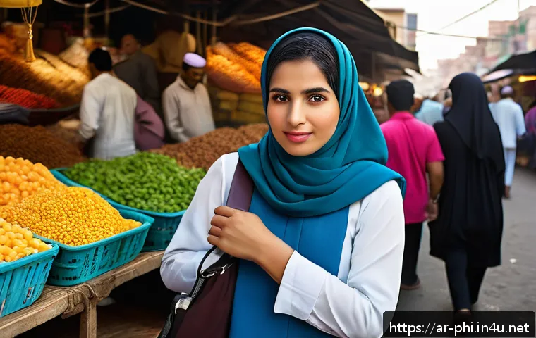 필리핀 소매치기 예방 방법 - A vigilant Middle Eastern woman in a crowded Manila street market, wearing a modest, stylish outfit ...
